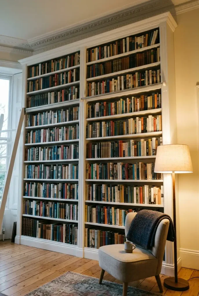 Two narrow bookcases trimmed together to look like a floor to ceiling built-in
