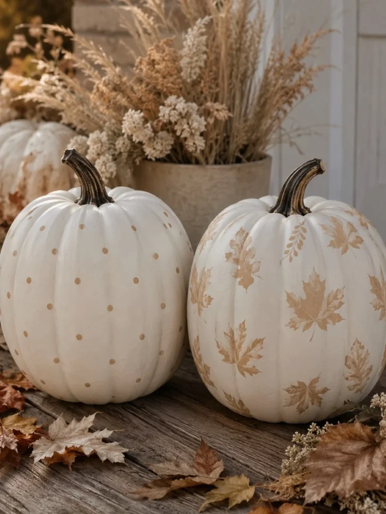 Two white painted pumpkins, one with tan polka dots and one with tan leaf prints, on a rustic wood surface with dried autumn leaves and a pot of dried grasses behind. Pumpkin Decor Ideas