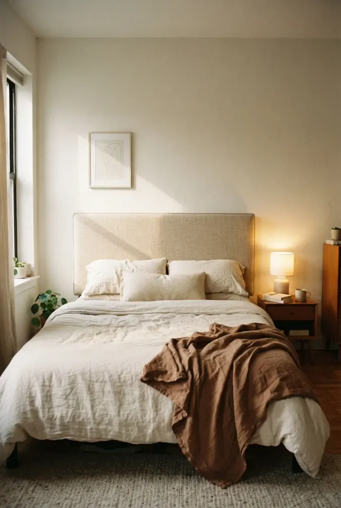 Upholstered linen DIY headboard above a queen bed in a small apartment bedroom.