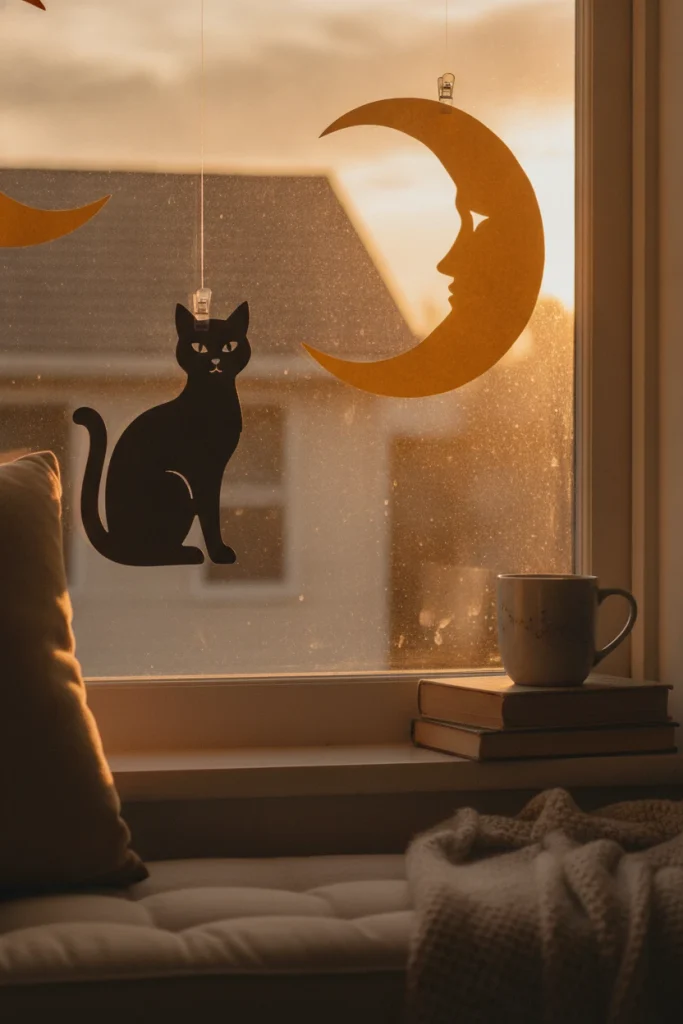 Vintage Halloween die cuts of a black cat and moon clipped to an apartment window at golden hour