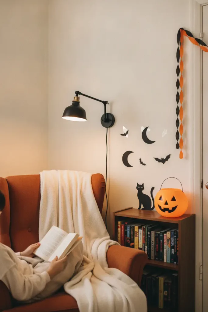 Vintage Halloween reading corner in a rental with paper die-cuts taped to the wall and a glowing pumpkin