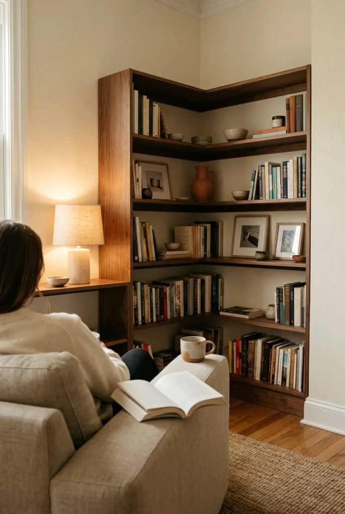 Walnut corner bookshelf with an armchair, lit by a warm lamp at evening
