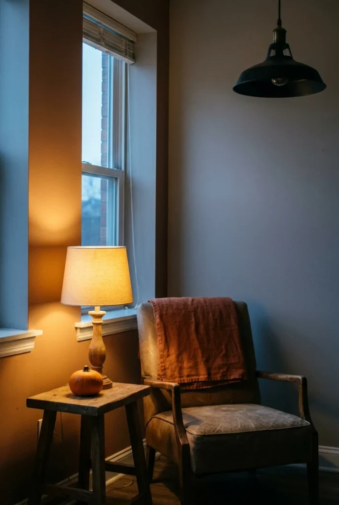 Warm 2700K lamp glow versus cold ceiling light in a small fall living room.