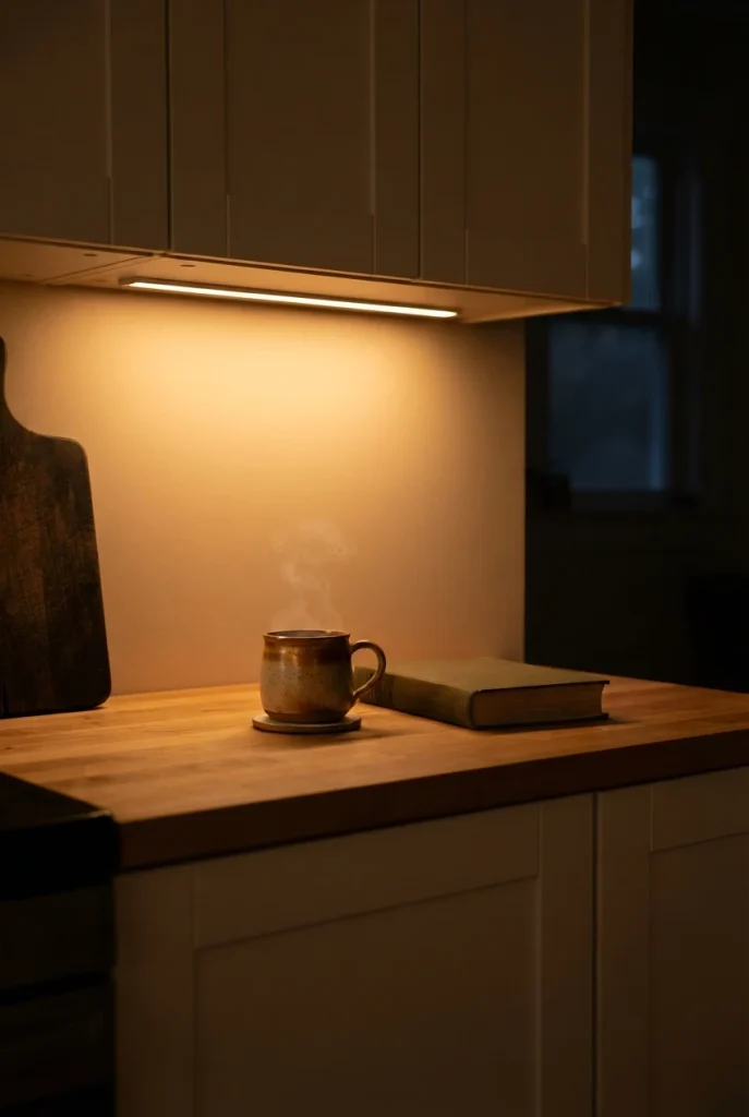 Warm 2700K under cabinet light glowing over a dark evening kitchen counter