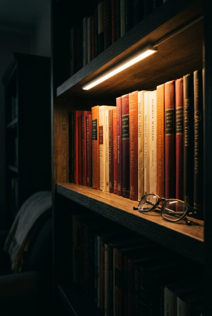 Warm LED strip lighting a shelf of book spines at night