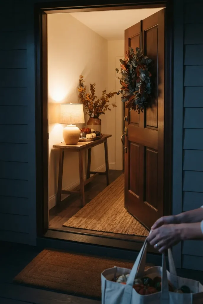 Warm lamp-lit fall entryway decor seen through an open front door at night