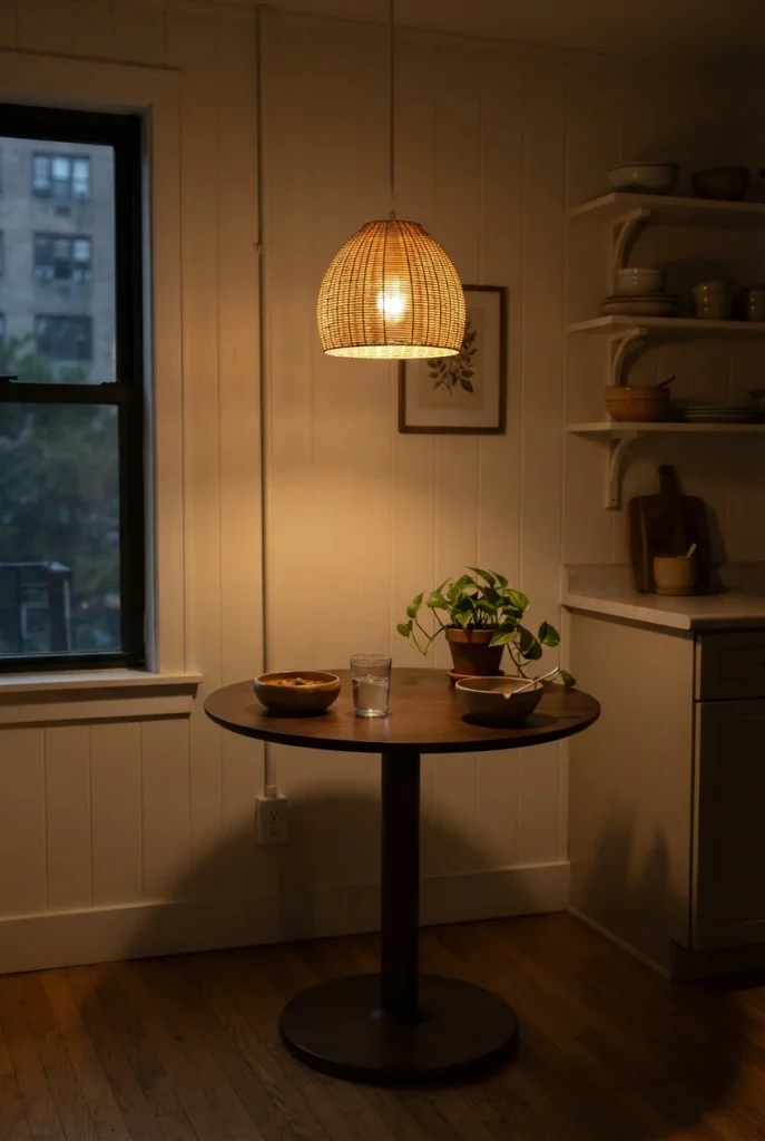Warm pendant light hanging low over a small kitchen breakfast nook at night.