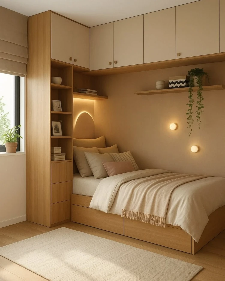 Warm, space-saving bedroom nook with a built-in wood platform bed with under-bed drawers, an arched alcove nightlight, wall sconces, overhead cabinets, open shelving with books and plants, and a fringed throw blanket.