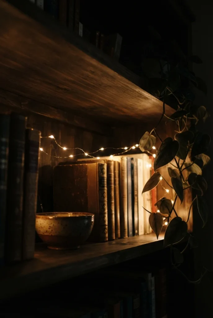 Warm white fairy lights along a bookshelf edge lighting a dark apartment corner.