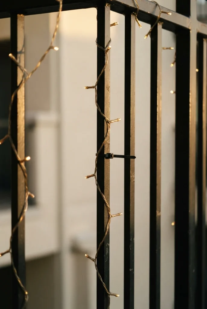 Warm white fairy lights woven through black balcony railing balusters