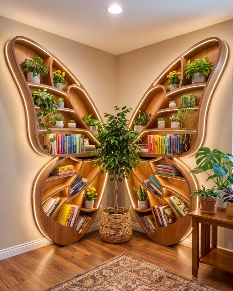 Whimsical butterfly-shaped wooden bookshelf with backlit wing-shaped compartments filled with colorful books and potted plants, arranged around a tall potted tree in a woven basket, with a patterned rug and side table nearby.