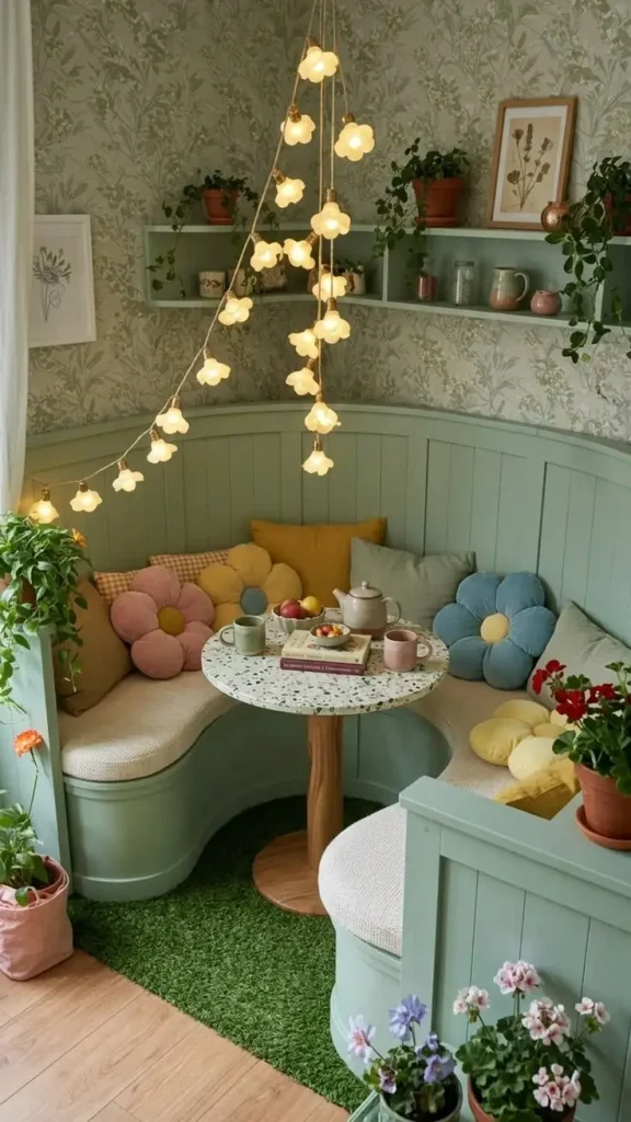 Whimsical sage green breakfast nook with a curved built-in bench, flower-shaped throw pillows, a terrazzo-top round table with a teapot and fruit bowl, floral wallpaper, potted plants, and flower-bulb string lights.