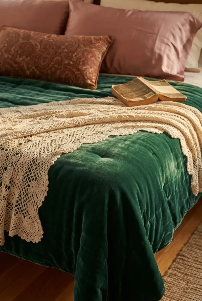 Whimsigoth bedding layers of emerald velvet, lace throw, and paisley pillow in golden light