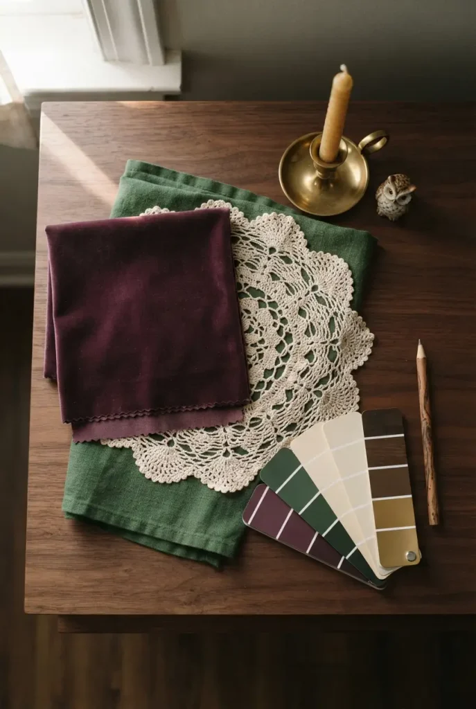 Whimsigoth bedroom color and material flat-lay with plum velvet, lace, and a brass candlestick