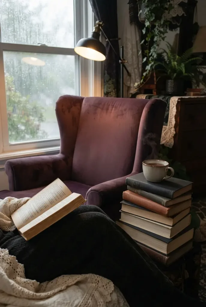 Whimsigoth reading corner with a plum velvet wingback chair, swing-arm lamp, and book stack side table