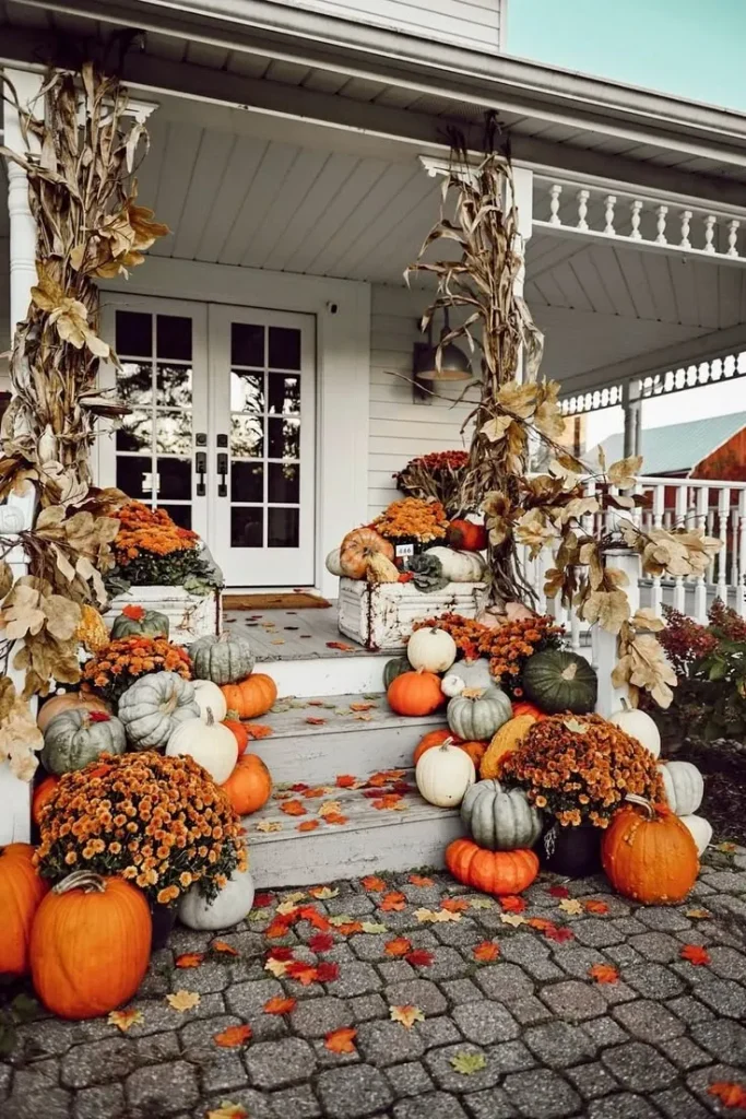 White farmhouse porch decorated for autumn with orange, white, and green pumpkins lining the steps, orange mums, dried cornstalks wrapped around the columns, and scattered fall leaves.