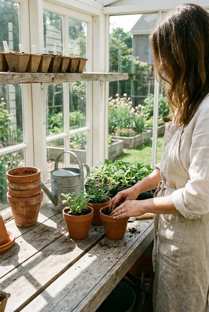Woman potting seedlings at a bench inside a small glass-front she shed