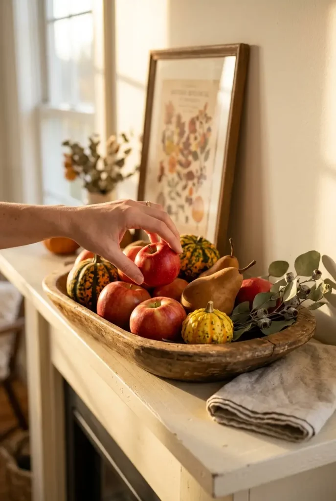 Wooden dough bowl of apples, pears, and gourds on a narrow fall mantel