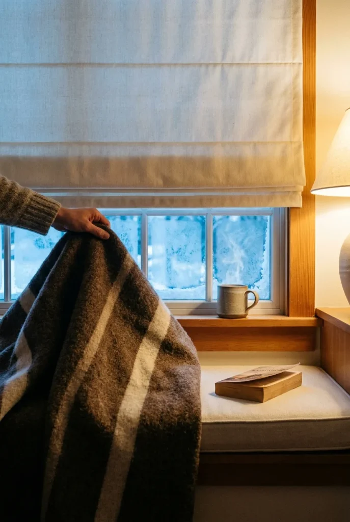 Wool throw and lined shade adding warmth to a window seat in winter