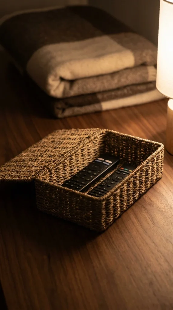Woven lidded box holding remotes on a walnut coffee table