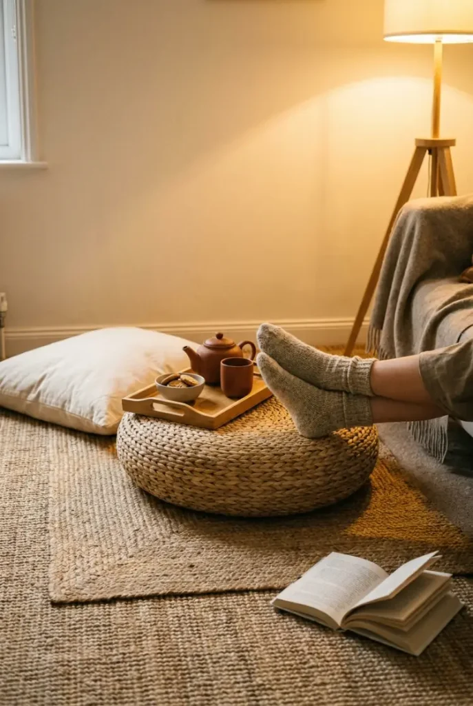 Woven pouf used as a footrest beside a floor cushion on a layered jute rug in a boho living room.