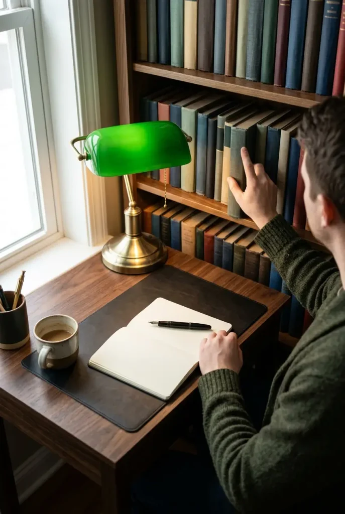 Writing desk tucked against bookshelves with a green banker's lamp in a small dark academia library corner