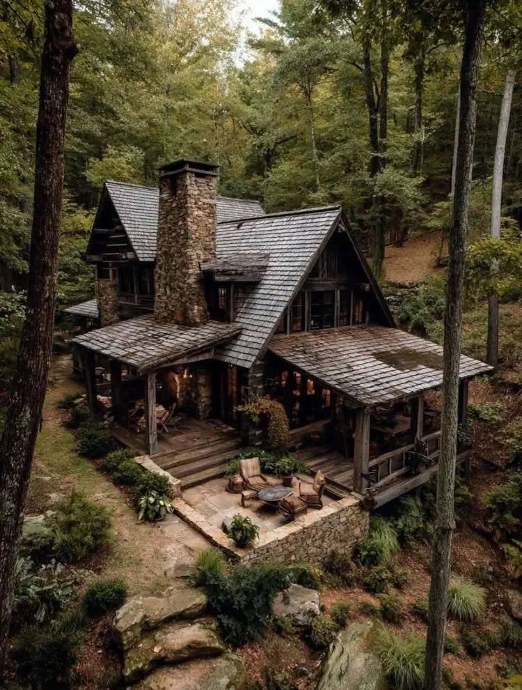 Aerial view of a rustic wood and stone cabin with a large stone chimney and shingled roofs, nestled into a wooded hillside, featuring a stone patio with outdoor seating and covered porches.