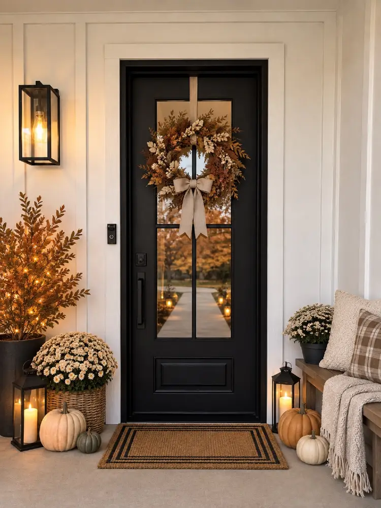 Black front door decorated with an autumn wreath tied with a burlap bow, flanked by lit lanterns, cream mums, pumpkins, a lit twig tree, a coir doormat, and a bench with plaid pillows and a throw blanket.