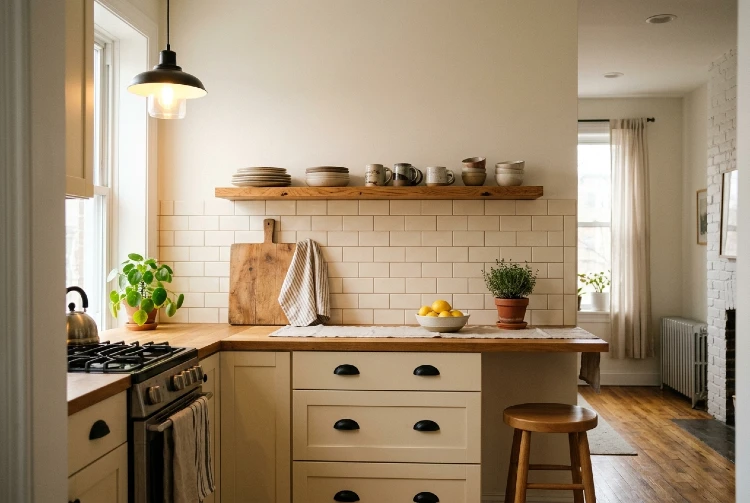 Cozy cream kitchen with black-handled cabinetry, wooden countertops, a subway tile backsplash, an open wood shelf displaying dishware, a black pendant light, a gas range, and a wooden bar stool.