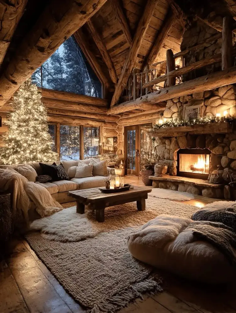 Cozy log cabin living room with vaulted timber ceilings, a stone fireplace with a crackling fire, a lit Christmas tree by tall windows, a beige sectional with fur throws, a rustic wood coffee table, and layered rugs.
