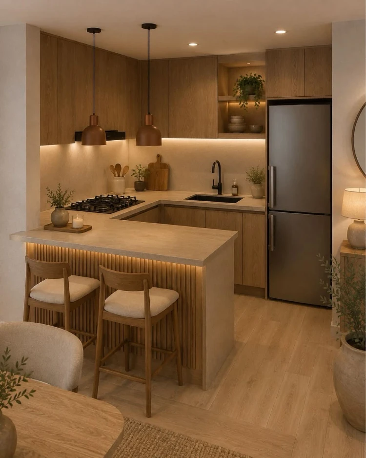Compact modern kitchen with light wood cabinetry, a fluted-front island with wooden bar stools, copper pendant lights, under-cabinet lighting, a black fridge, and small potted plants throughout.