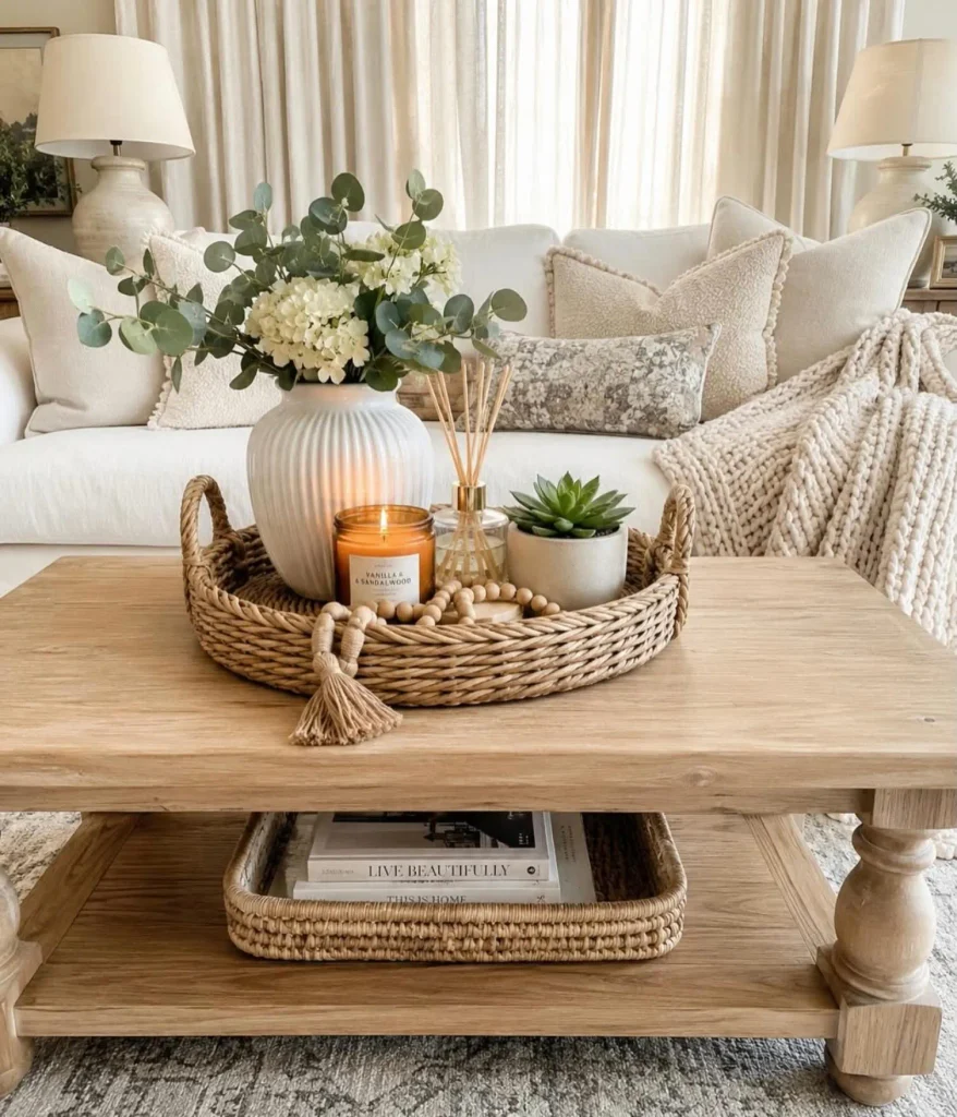 Light oak coffee table with a woven tray holding a white ribbed vase of hydrangeas and eucalyptus, a lit candle, reed diffuser, succulent, and wooden beads, with a cream sofa behind.