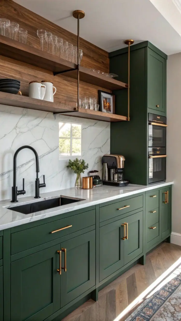 Dark green kitchen cabinetry with brass hardware, a black matte faucet and sink, marble slab backsplash and countertop, built-in black double ovens, open wood shelving with glassware, and a coffee station.