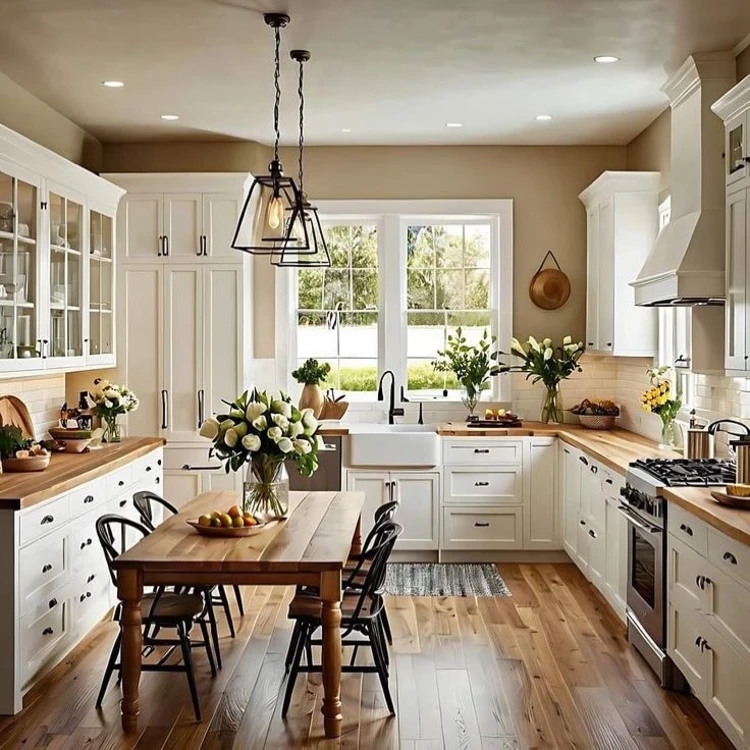 Farmhouse-style kitchen with white cabinetry, butcher block countertops, a farmhouse sink, black cage pendant lights, a large window over the sink, and a wooden dining table with black spindle chairs and fresh flowers.