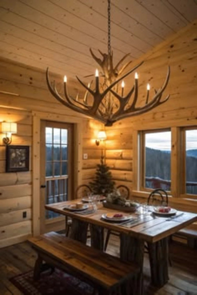 Log cabin dining room with a dramatic antler chandelier over a rustic wood table set with plates and a small potted tree, benches, log walls, wall sconces, and windows overlooking a mountain view at dusk.