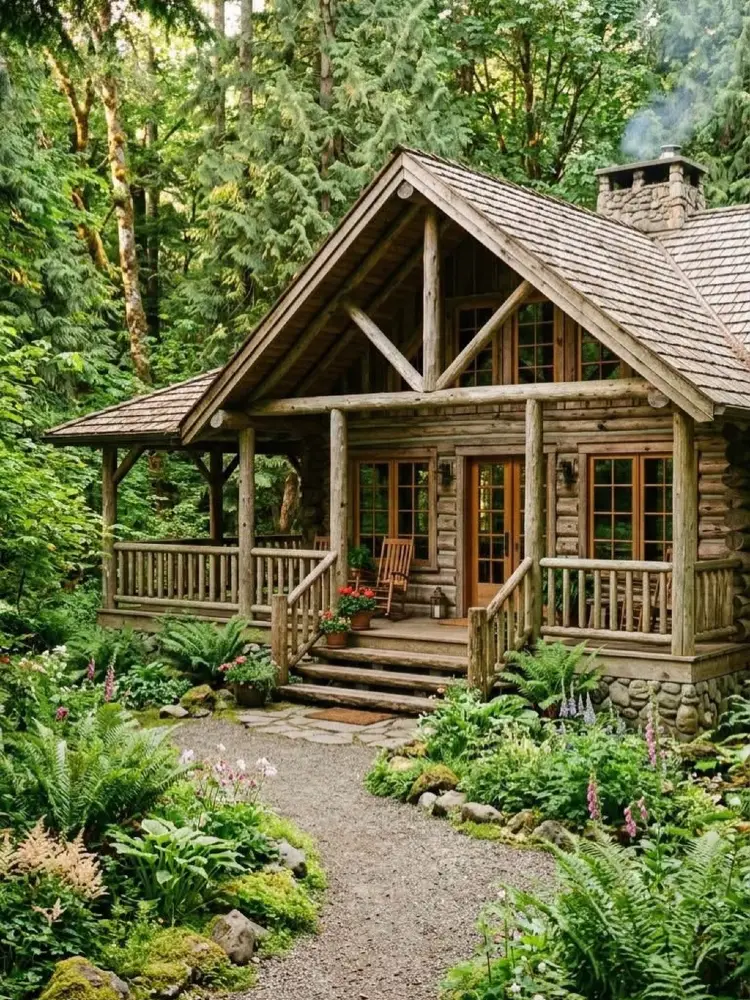 Log cabin nestled in a lush forest with a covered wraparound porch featuring log posts, a wooden rocking chair, and a stone chimney, approached by a gravel path lined with ferns and flowering plants.