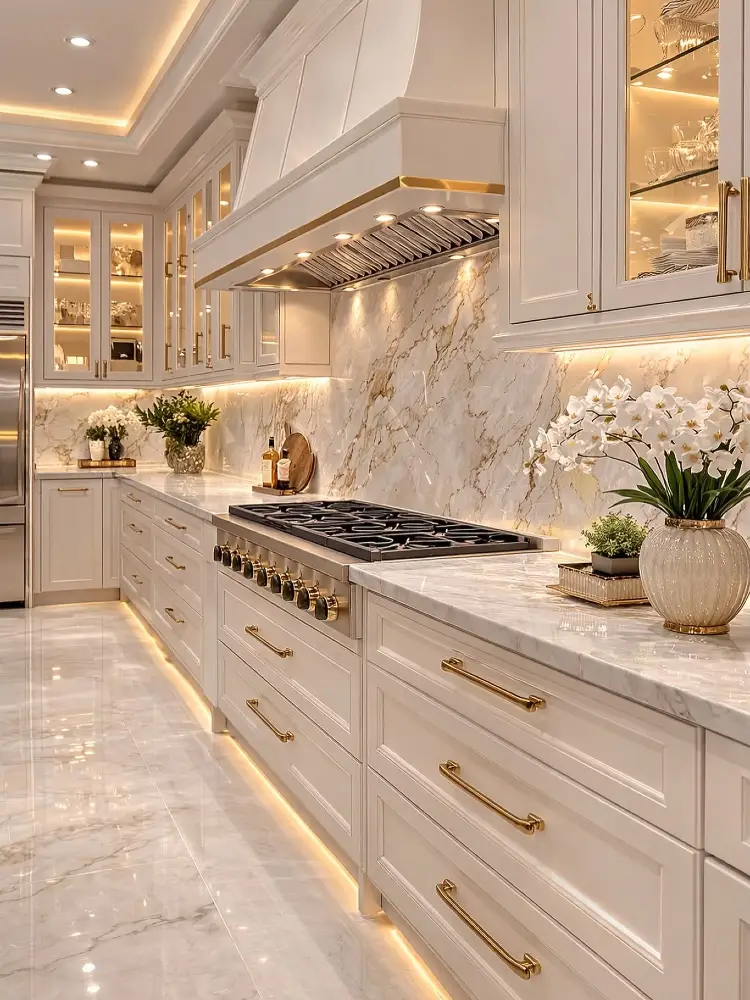 Luxurious cream kitchen with gold-handled cabinetry, under-cabinet and toe-kick lighting, a marble slab backsplash, glass-front upper cabinets, a range hood, and a marble countertop styled with white orchids and a vase.