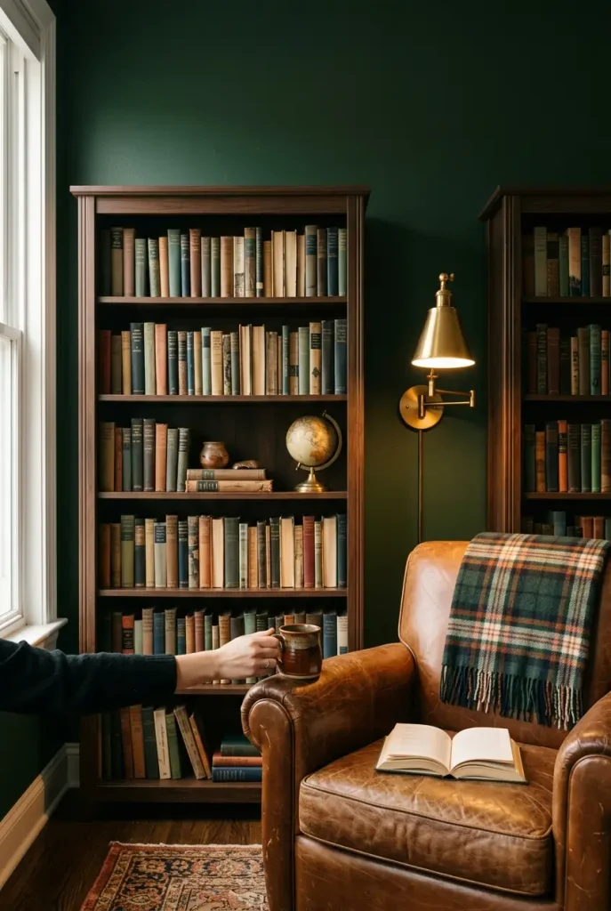 mall dark academia library corner with dark wood bookcases, green wall, leather chair, and a glowing brass wall lamp