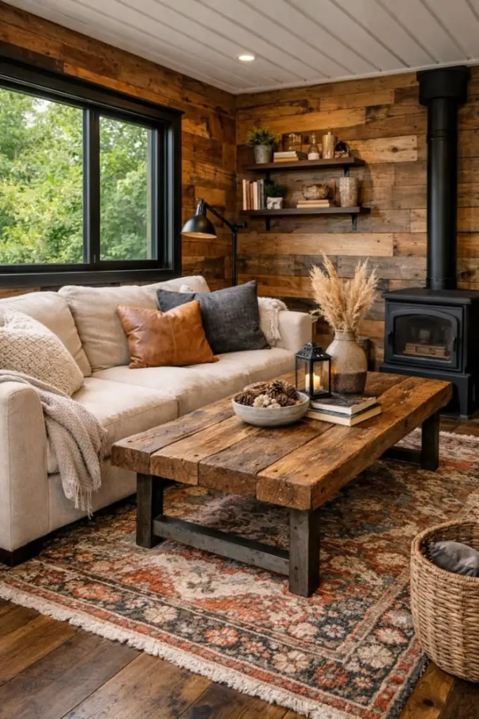 Modern rustic living room with a reclaimed wood plank feature wall, a black wood-burning stove, a cream sofa with leather and grey pillows, a chunky wood coffee table with a lit lantern and pampas grass, and a faded Persian-style rug.