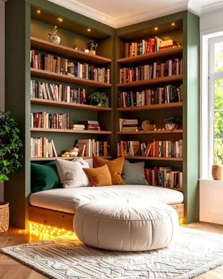 Cozy corner reading nook with olive green built-in bookshelves lit by warm fairy lights, a cushioned window seat with green, mustard, and cream pillows, a round white pouf ottoman, and a patterned rug.