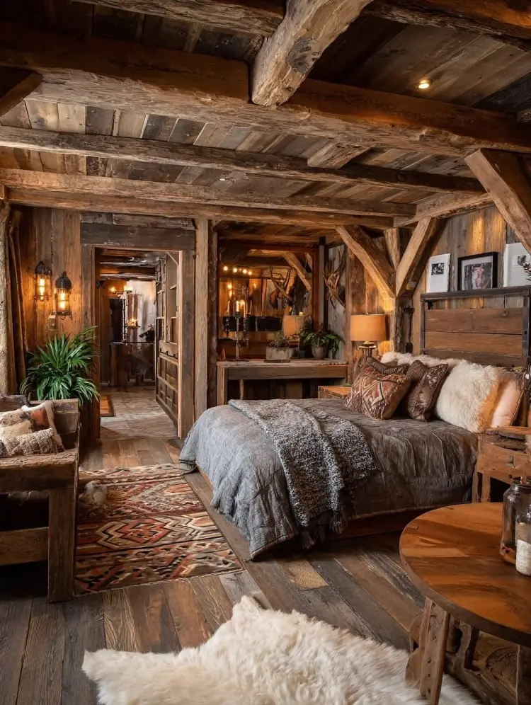 Rustic log cabin bedroom with exposed timber beams, a wood-framed bed with grey linens, faux fur and patterned pillows, wall sconces, a round wood side table, an Aztec-print rug, and a sheepskin rug on the floor.