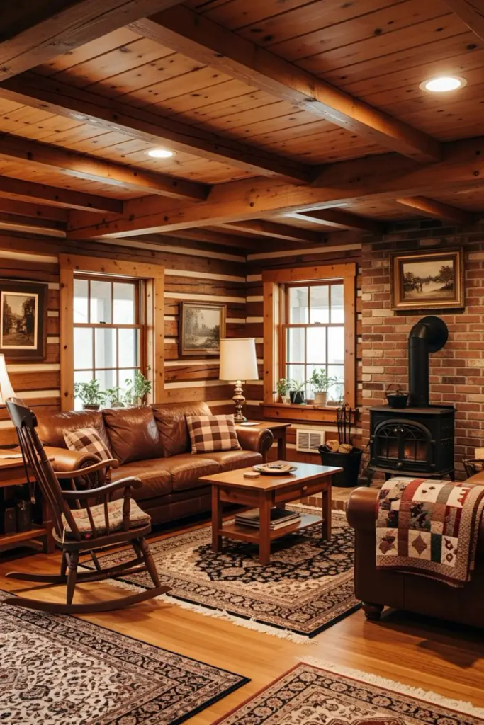Rustic log cabin living room with exposed wood beam ceiling, log walls, a black wood-burning stove against a brick backdrop, a brown leather sofa with buffalo check pillows, a wooden rocking chair, and layered Persian-style rugs.