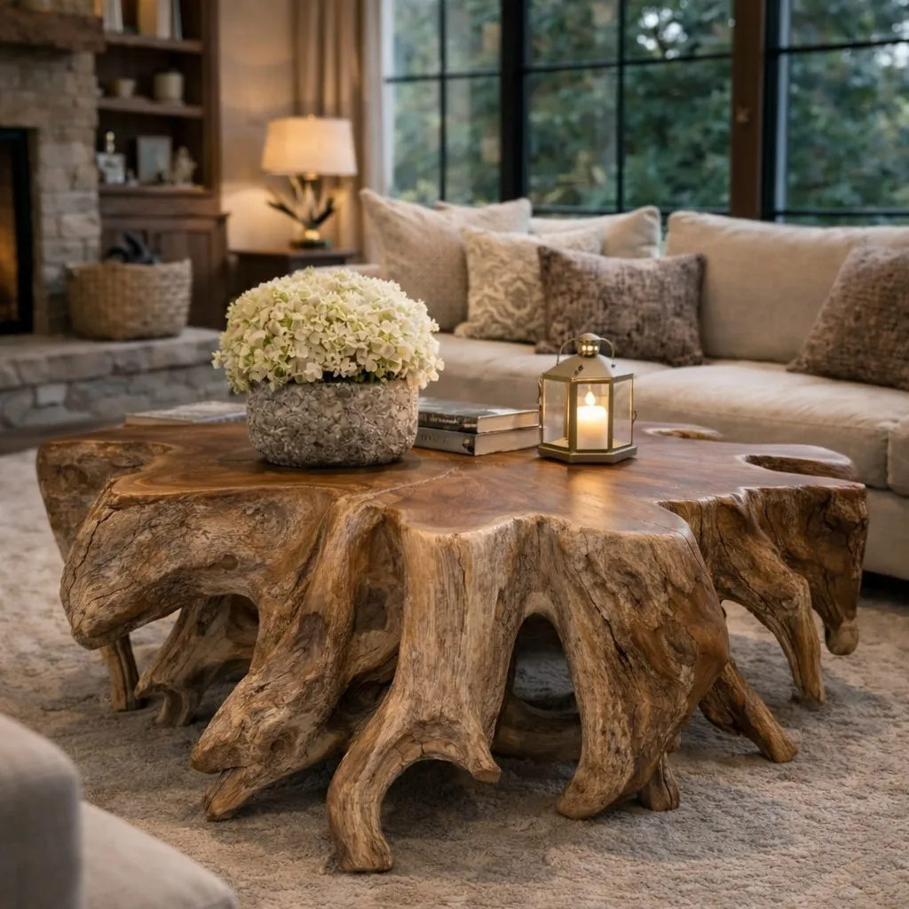 Rustic tree root coffee table with a polished live-edge top, styled with white hydrangeas in a textured vase, a lit lantern, and books in a cozy living room with a stone fireplace.
