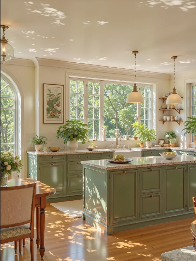 Sunlit vintage-style kitchen with sage green cabinetry and a matching island, granite-look countertops, large arched windows overlooking greenery, potted plants throughout, pendant lights, and a wooden dining table in the foreground.