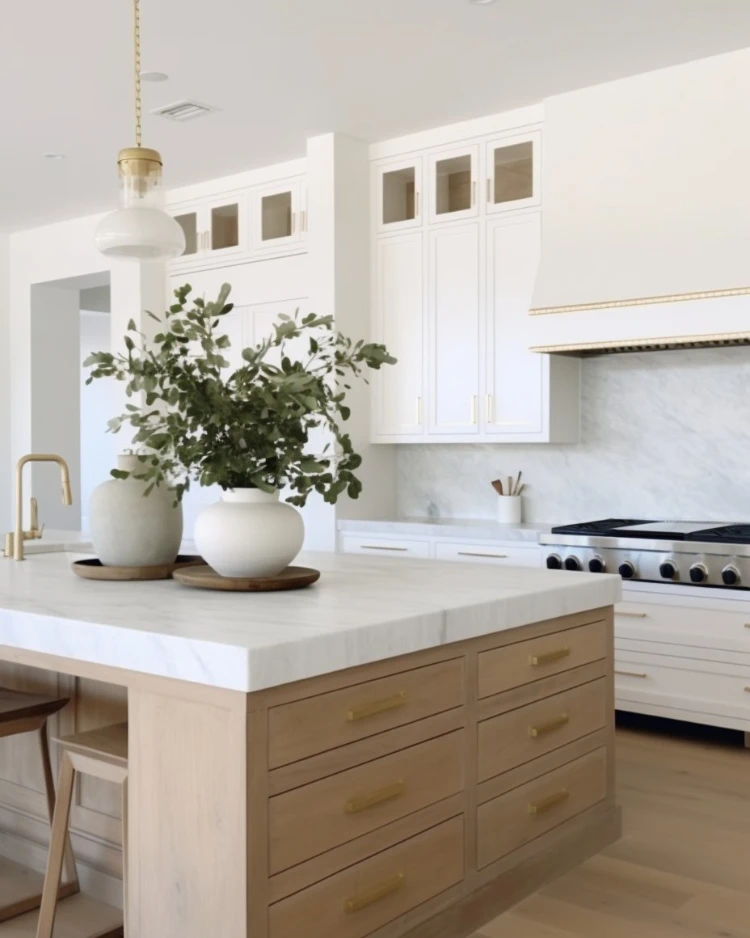 Bright white kitchen with a light oak island featuring gold drawer pulls and a marble countertop, styled with ceramic vases of greenery, a brass gold pendant light, glass-front upper cabinets, and a professional range with a marble backsplash.