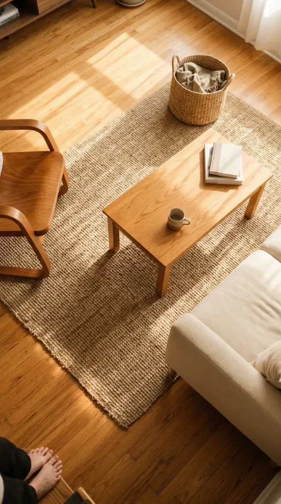 5 by 8 jute rug under the front legs of a loveseat and chair in a small Modern Farmhouse Living Rooms