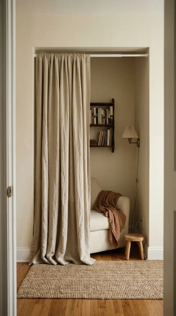 Alcove reading nook sectioned off with a linen curtain on a tension rod, renter-safe with no drilling