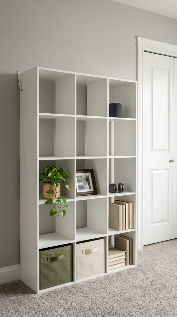 Anchored cube shelf in a teen boy bedroom with bins low and light decor on top