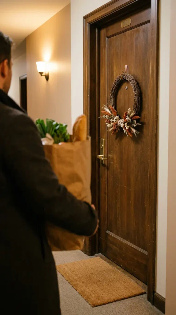 Apartment door fall decor with a slim grapevine wreath on a no-drill hook and a clear hallway floor