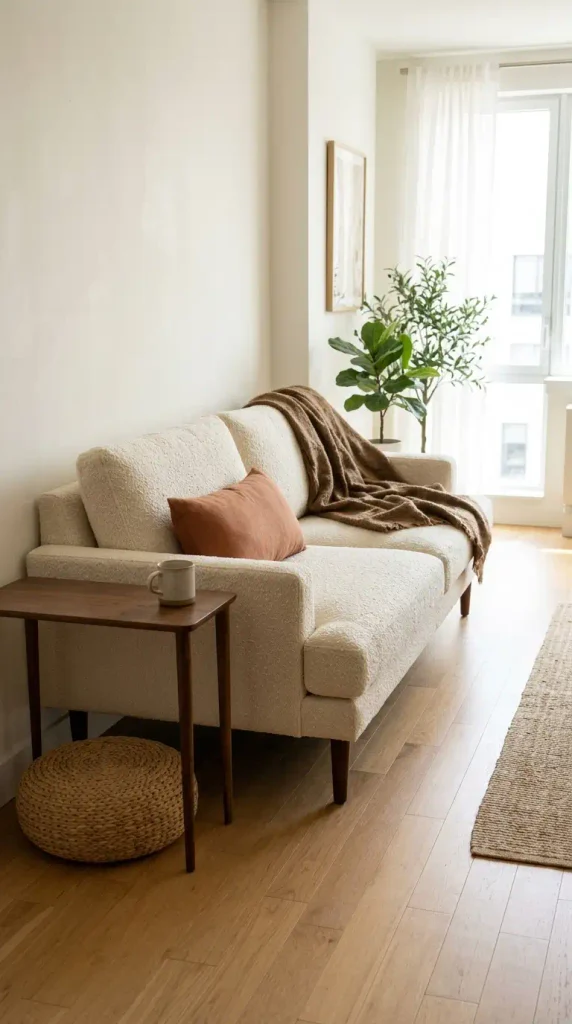 Apartment-size sofa on raised wood legs with clear floor underneath in a small living room